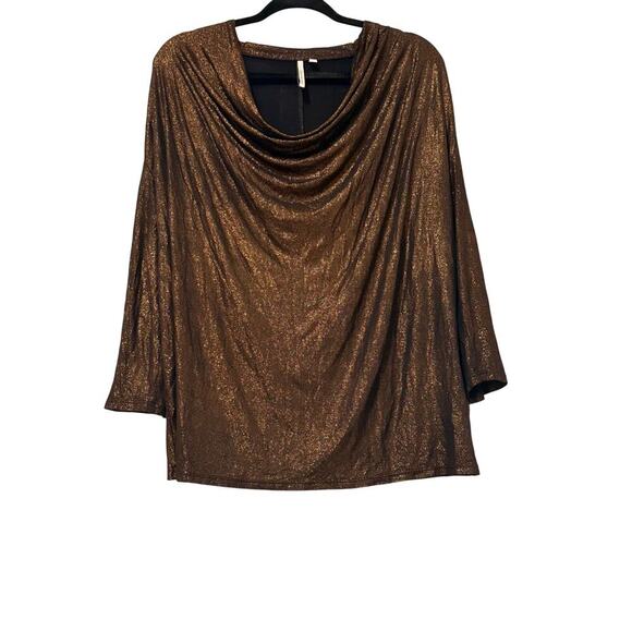 CALVIN KLEIN JEANS Tops - Calvin Klein Bronze Metallic Shimmer Draped Cowl Neck 3/4 Sleeve Party Blouse.